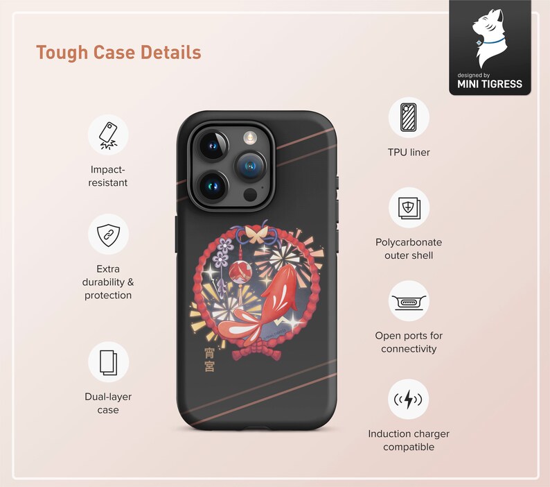 May include: A black phone case with a colorful Japanese-inspired design featuring fireworks and a red fish. The case is made of a durable polycarbonate outer shell and a TPU liner. It has open ports for connectivity and is compatible with induction chargers.