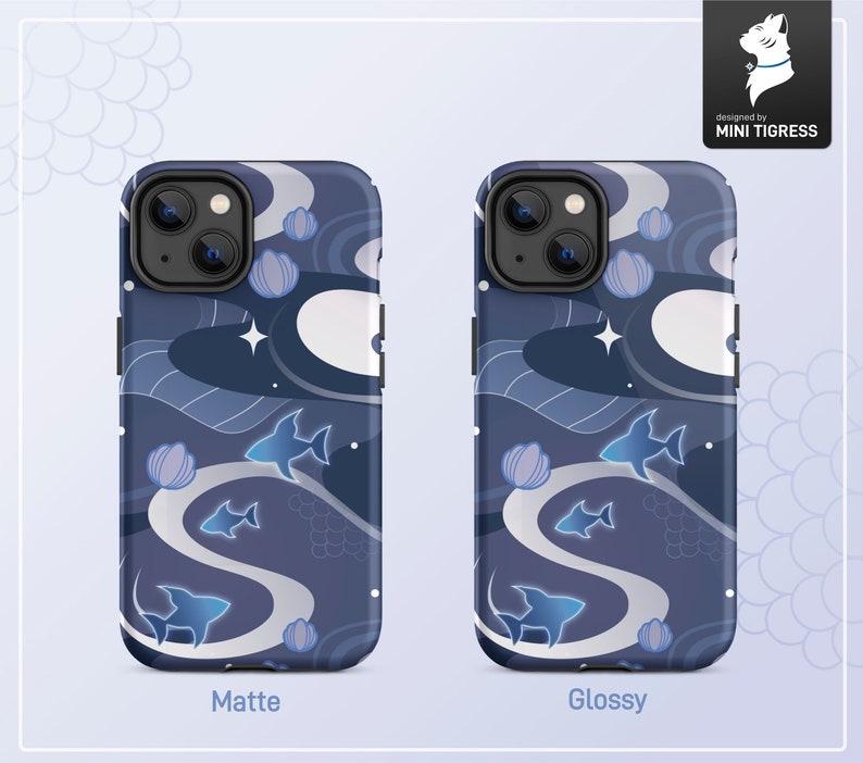 May include: Two phone cases with a blue and white abstract design featuring stylized fish and stars. The case on the left is labeled "Matte" and the case on the right is labeled "Glossy".
