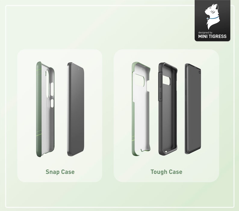 May include: Two phone cases, one a snap case and one a tough case, are shown in a mockup. The snap case is green with a white design. The tough case is black with a white design. Both cases are for a smartphone.