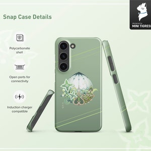 May include: A green phone case with a floral design and a white cat illustration. The case is made of polycarbonate and has open ports for connectivity. It is also compatible with induction chargers.