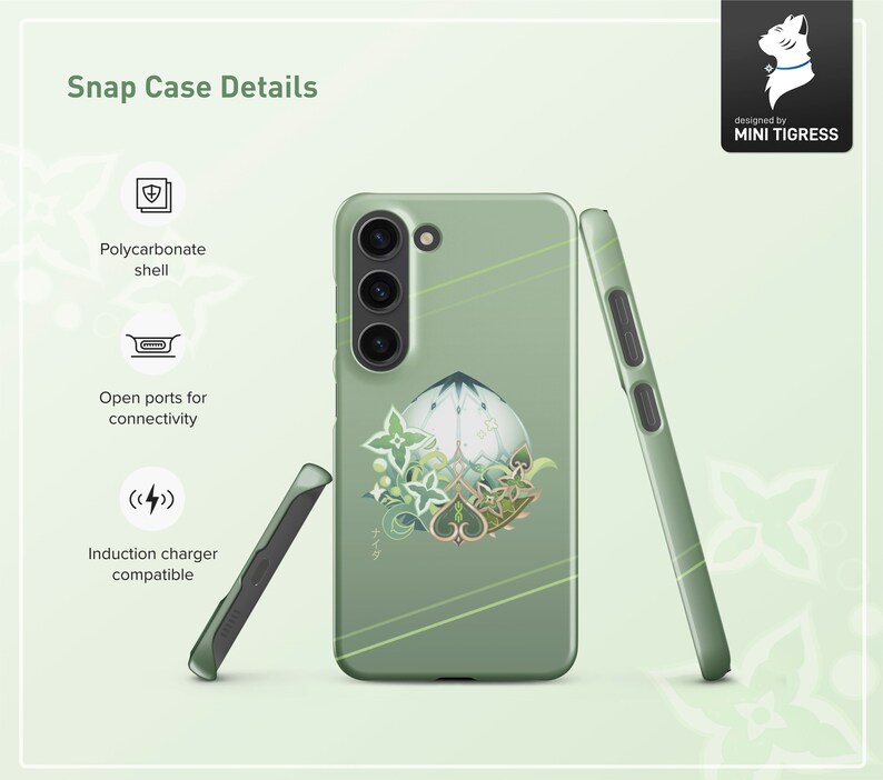 May include: A green phone case with a floral design and a white cat illustration. The case is made of polycarbonate and has open ports for connectivity. It is also compatible with induction chargers.