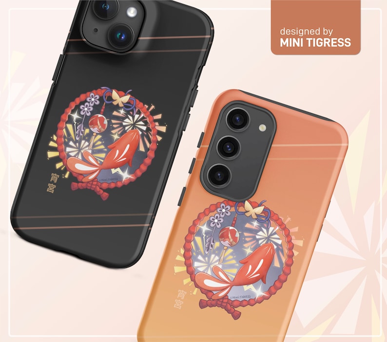 May include: Two phone cases with a colorful illustration of a red fish, fireworks, and a butterfly. The text "招財進寶" is on both cases. The cases are designed by MINI TIGRESS.