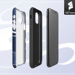 May include: A phone case with a blue and white abstract design. The case is shown from three different angles. The case is designed by Mini Tigress.
