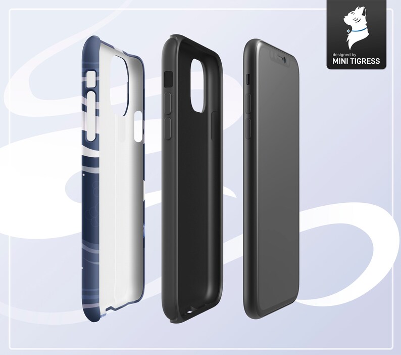 May include: A phone case with a blue and white abstract design. The case is shown from three different angles. The case is designed by Mini Tigress.