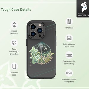 May include: A black phone case with a green and white floral design. The case is impact-resistant, has extra durability and protection, and is compatible with wireless charging.