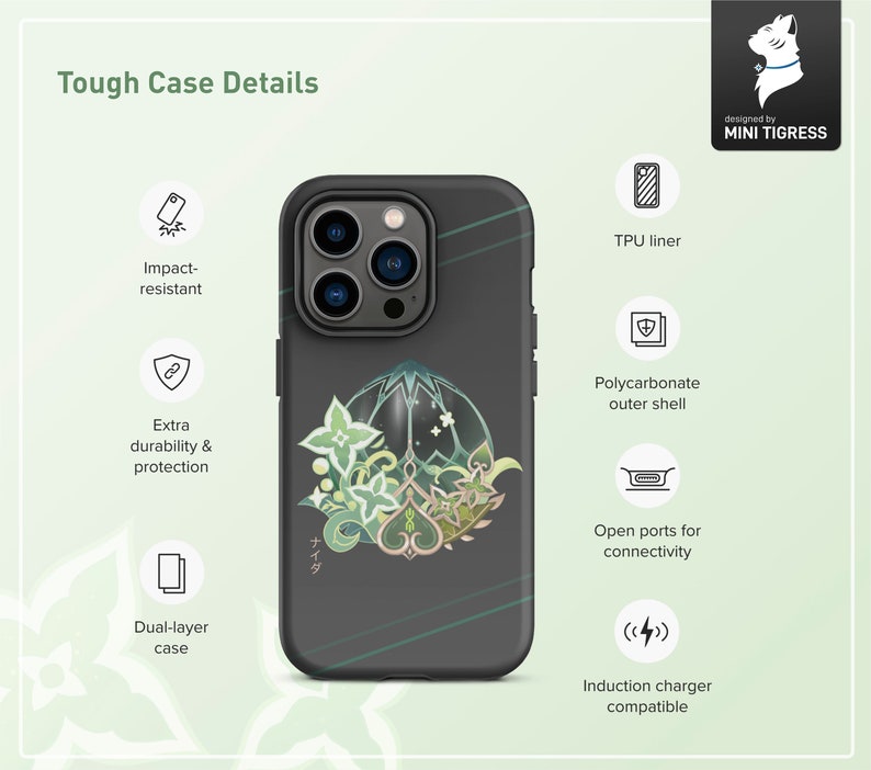 May include: A black phone case with a green and white floral design. The case is impact-resistant, has extra durability and protection, and is compatible with wireless charging.