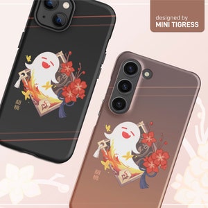 May include: Two phone cases with a black and brown gradient background. The cases feature a cartoon ghost with a red and yellow flame design and red flowers. The text "明媚" is printed on both cases.