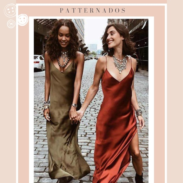 S-M-L-XL-XXL  Slip Dress with slit PDF Sewing Pattern V neckline Cami Dress Basic Summer Outfit Wedding. Video tutorial included