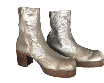 Vintage Antonio Fluxa Silver Leather Platform Disco Boots Size 11