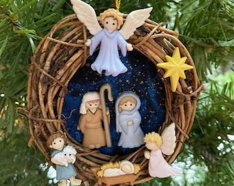 Handcrafted, Original Design, Nativity Ornament, 3” Grapevine Wreath in a Gift Box ~ free US shipping!
