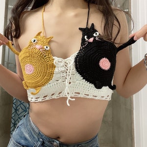 BibaboYaba, Crochet Pattern:Cat Crochet Tops, Granny Square Top, Vegan Crochet Knit Top, Crochet Halter Top, Summer Festival Top