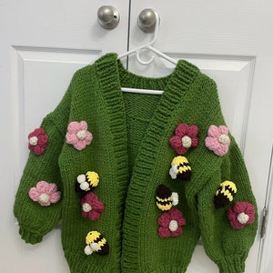 BibaboYaba, Chunky Bee Cardigan, Bee Knit Sweater, Floral Knit Sweater, Oversized Colorful Cropped Cardigan, Good For Gift