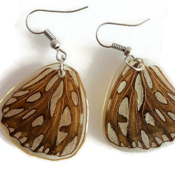 Dione moneta moneta,  Mexican Silver-Spot, resin butterfly real wings two different sides earrings