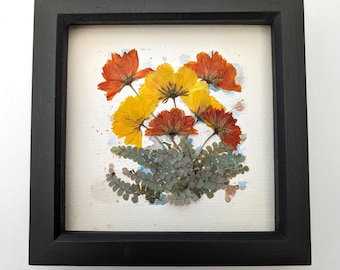 Pressed flower herbarium art: yellow & orange botanical wall decor