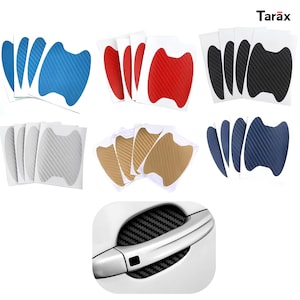 May include: A collection of car door handle protective stickers in blue, red, black, silver, gold, and dark blue with a carbon fiber texture. The set includes multiple adhesive sheets and a demonstration image showing a black sticker applied to a car door.