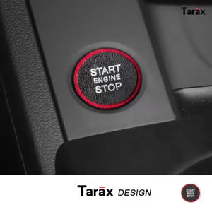 May include: A circular black car engine start and stop button featuring a textured surface and a vibrant red outer ring. The button displays the white text START ENGINE STOP in a clean, sans-serif font. The brand name Tarax is visible.