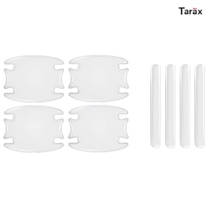 May include: A set of eight clear, adhesive protective films for vehicle door handles and edges. The collection includes four contoured, shield-shaped pieces for door handle cups and four narrow, rectangular strips for door edges, branded Tarax.