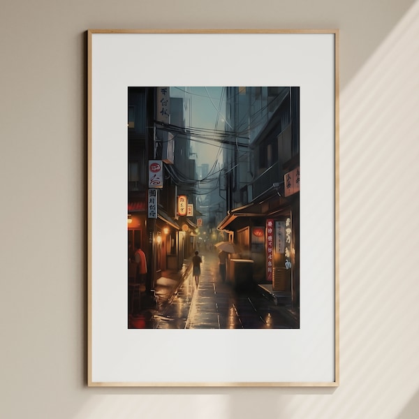 Tokyo Street at Night Poster Oil Painting Print | Japanese Art Print | Printable | Digital Download | Japanese Print