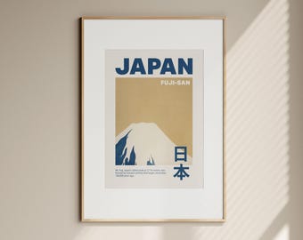 May include: Framed art print featuring a stylized illustration of Mount Fuji in Japan. The print has a white border and a wooden frame. The word "JAPAN" is in blue, with "FUJI-SAN" below it. Japanese characters are also present.