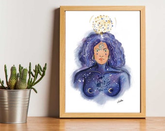 Woman Goddess of the Cosmos - Universe in the female body - handmade illustration - A4