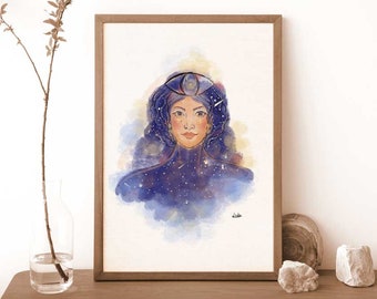 Woman Goddess of the Universe - the galaxy in the woman's body - handmade illustration - A4