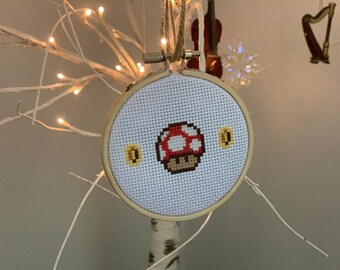 Mario inspired power up completed cross-stitch wall art, ornament