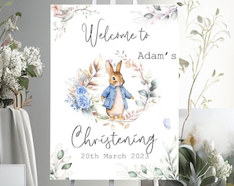 Personalised blue Rabbit Christening Welcome A3 PRINTED  backdrop, Name day sign, Greenery Eucalyptus Christening/Baptism Welcome Sign