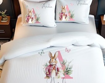 PERSONALISED kids bunny print SINGLE ,DOUBLE duvet cover set, toddler pillow case, bedding item, bedroom accessories,