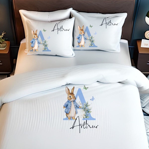 Personalised blue Rabbit print kids duvet cover set, toddler pillow case, bedding item, bedroom accessories, cushion