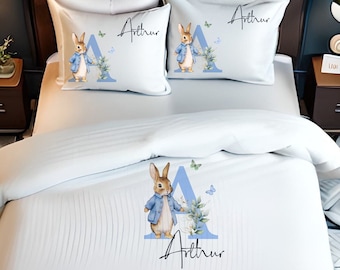 Personalised blue Rabbit print kids duvet cover set, toddler pillow case, bedding item, bedroom accessories, cushion