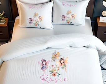 Personalised Flower Fairy print kids single duvet cover set, princess pillow case, toddler bedding, bedroom item,