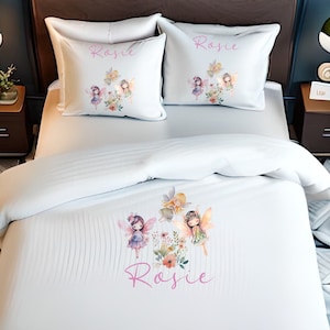 Personalised Flower Fairy print kids single duvet cover set, princess pillow case, toddler bedding, bedroom item,