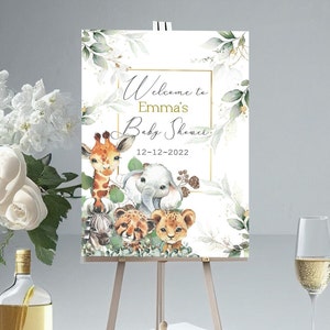 Personalisiertes Babyparty-Willkommensschild A3, Einladungen, GEDRUCKTES Safari-Zeichen, Gender Neutral Baby Shower Zeichen, Greenery Shower Poster Zeichen