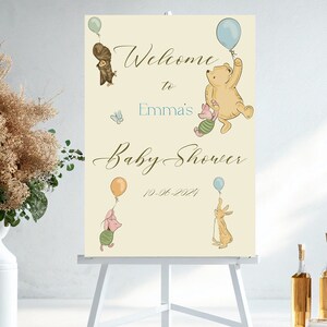 Pooh Bear PRINTED A3 Welcome Sign, Pooh bear Baby Shower poster, Gender Neutral Baby Shower, Pooh backdrop Sign