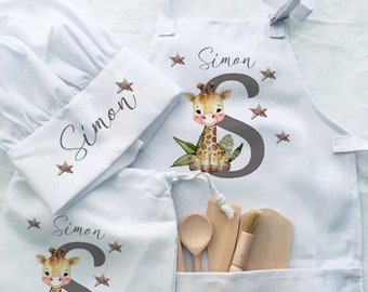 Ensemble de tablier de cuisson imprimé safari, toque de chef, ensemble en bois, tabard, dossard de cuisine en toile, tablier pour enfants de qualité