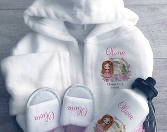 Flower girl dressing gown, wedding girl slippers, bath robe, kids bottle, flower girl gift set, wedding proposal gift,