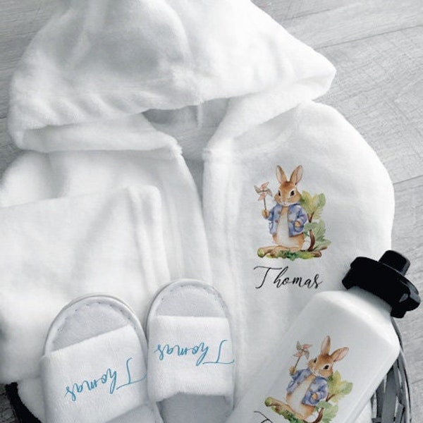 Peignoir de bain pour enfants design Blue Rabbit, pantoufles, robe de chambre pour tout-petits, cadeau d'anniversaire de Noël, serviette de bain pour enfants, cadeau de baby shower,