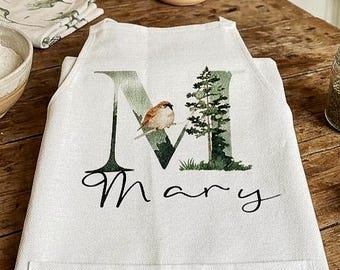 Personalised Linen Kitchen Apron with Pockets | Custom Name Nature Bird Monogrammed Tabard