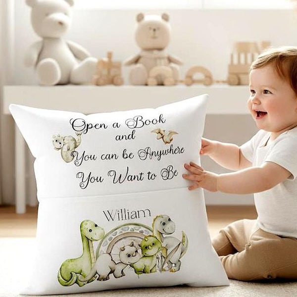 Cuscino tascabile personalizzato a tema dinosauri, cuscino con lettera a tema dinosauri, regalo per la cameretta dei bambini a tema T-Rex.
