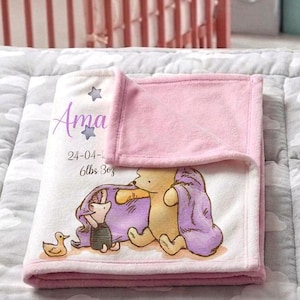 Personalised Pooh Bear Baby Blanket romper, Birth Announcement New Arrival Name Date toddler Keepsake,