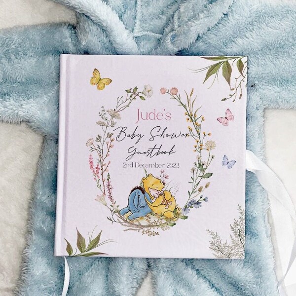 Pooh bear baby shower velvet guestbook, hard cover planner, quality album book, notepad, gender reveal gift,