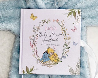 Pooh bear baby shower velvet guestbook, hard cover planner, quality album book, notepad, gender reveal gift,