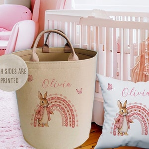 Personalised Pink Rabbit Design LARGE Felt Toy Basket, Kids Storage Bag ...