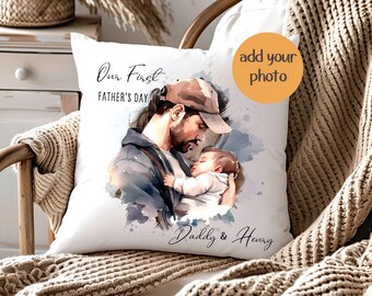 Personalised First Father's Day Pillow, Custom Photo Gift for New Dad, daddy Cushion Keepsake
