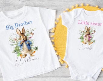 Personalised siblings t-shirt, blue pink Rabbit Kids Top, tees, boy girl vest, brother sister matching, Custom made kids clothing