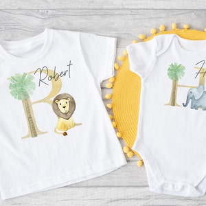 Camiseta personalizada a juego para hermanos, chaleco con diseño inicial de safari, camisetas para niños, ropa para bebés, camiseta de cumpleaños, regalo de Navidad