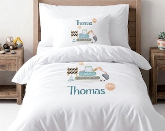 Personalized Construction Bedding for Boys, Kids Custom Digger Duvet Cover Set, Toddler Excavator Pillowcase,