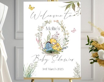 Pooh Bär Baby Shower PRINTED Willkommensbanner, Pooh Bär Baby Shower A3 Poster, Gender Neutral Baby Shower Zeichen, Pooh Hintergrund Zeichen