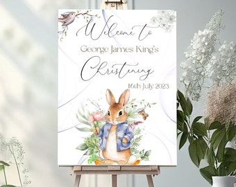 Blue Rabbit A3 Welcome Sign, christening PRINTED sign, Personalised Name Day , Greenery Eucalyptus Christening/Baptism Welcome Sign
