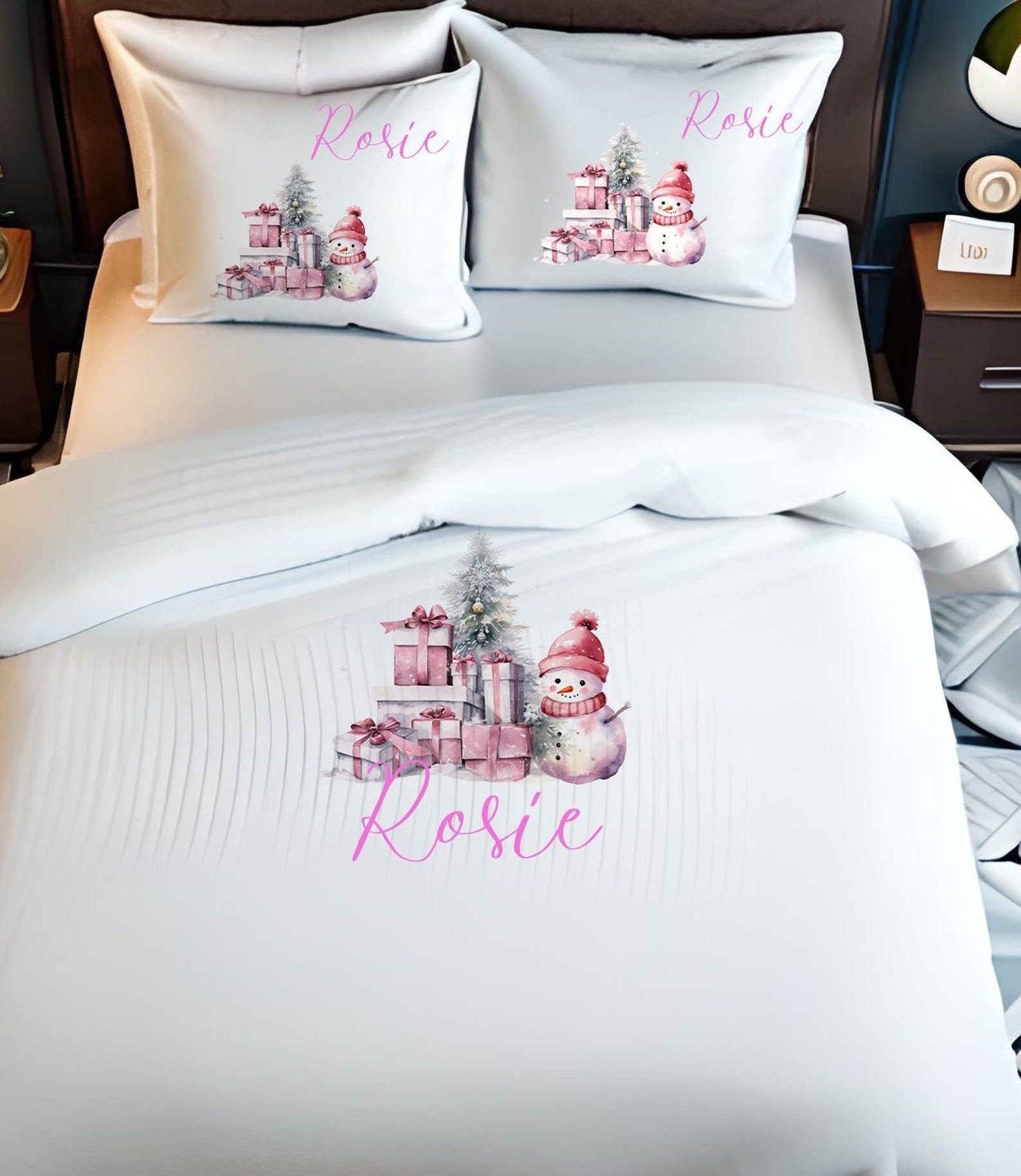 Personalised Christmas Single Duvet Cover Set, Pink Christmas Pillow